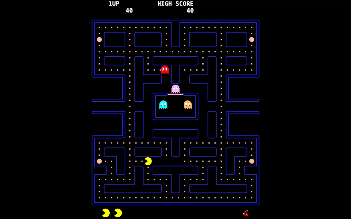 Pac-Man von Claude Opus 5.5: schwarzes Spielfeld im klassischen Stil, vier Geister im Labyrinth, Kirsche unten rechts