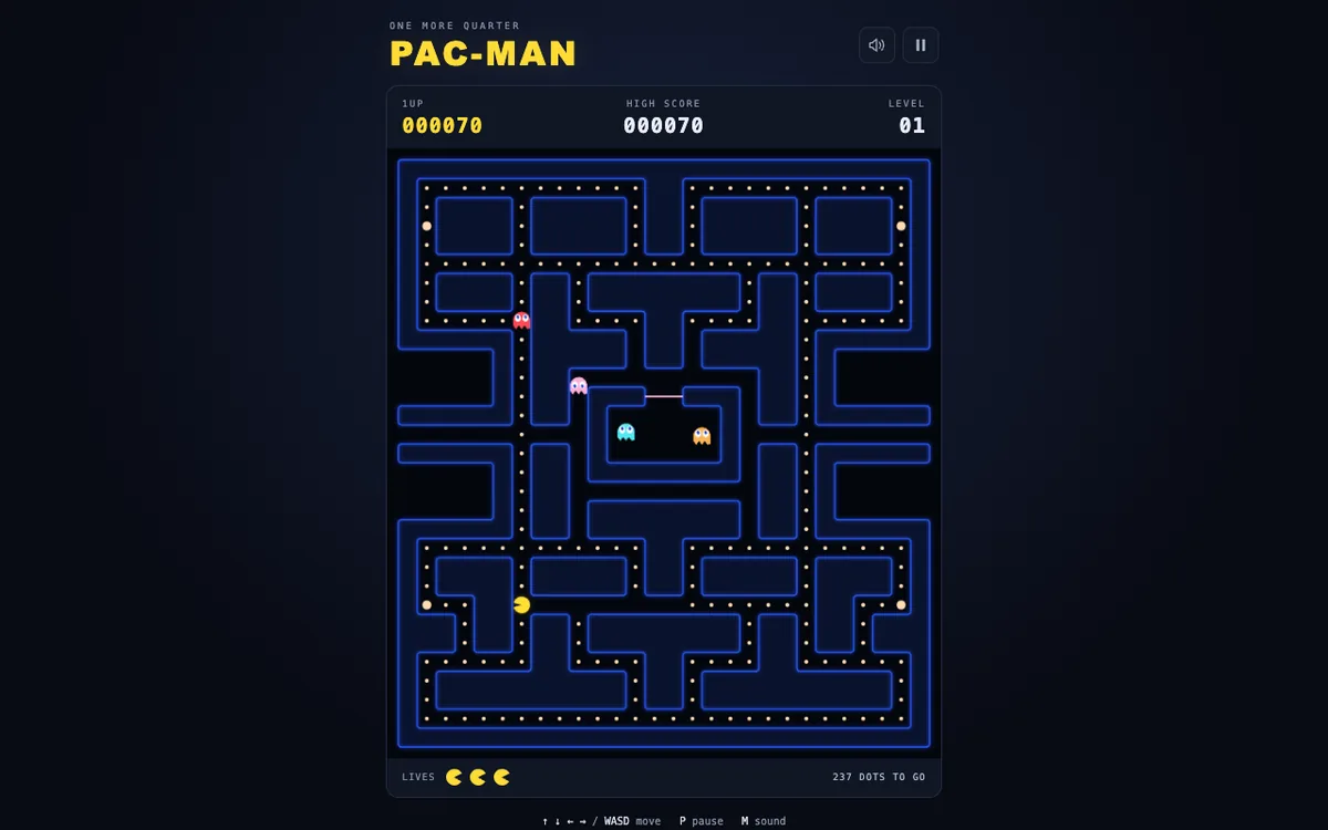 Pac-Man von GPT-6.1 Sol: dunkle Oberfläche mit Punktestand, Labyrinth, Geistern und Leben-Anzeige