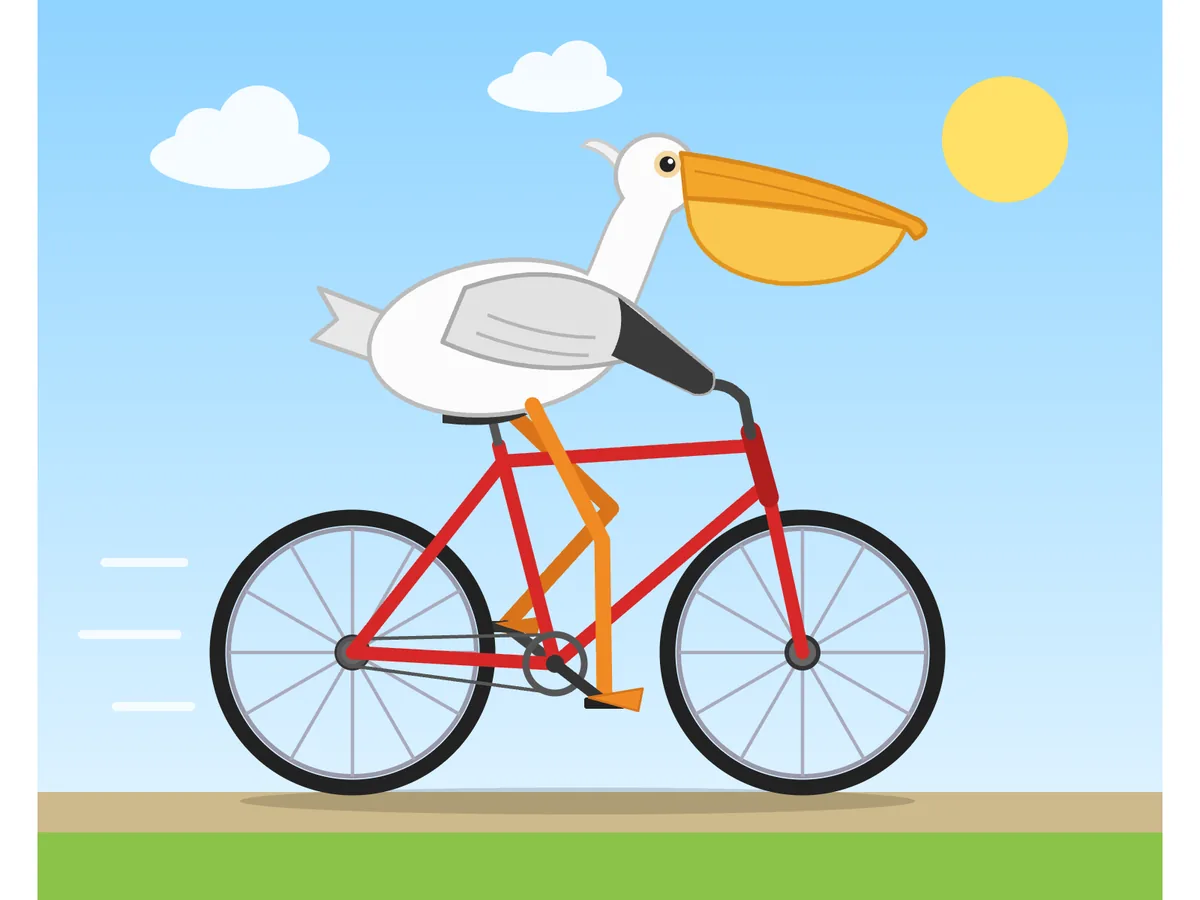 SVG von Opus: Pelikan auf rotem Fahrrad vor blauem Himmel und grüner Wiese