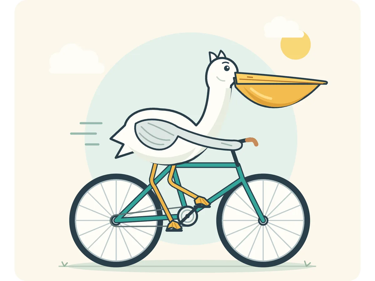 SVG von Sol: Pelikan auf grünem Fahrrad vor hellem Kreis