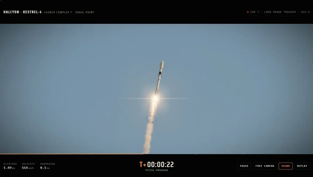 Raketenstart von Opus: Rakete steigt vor blauem Himmel mit Rauchspur, Telemetrie und Schaltflächen am unteren Rand