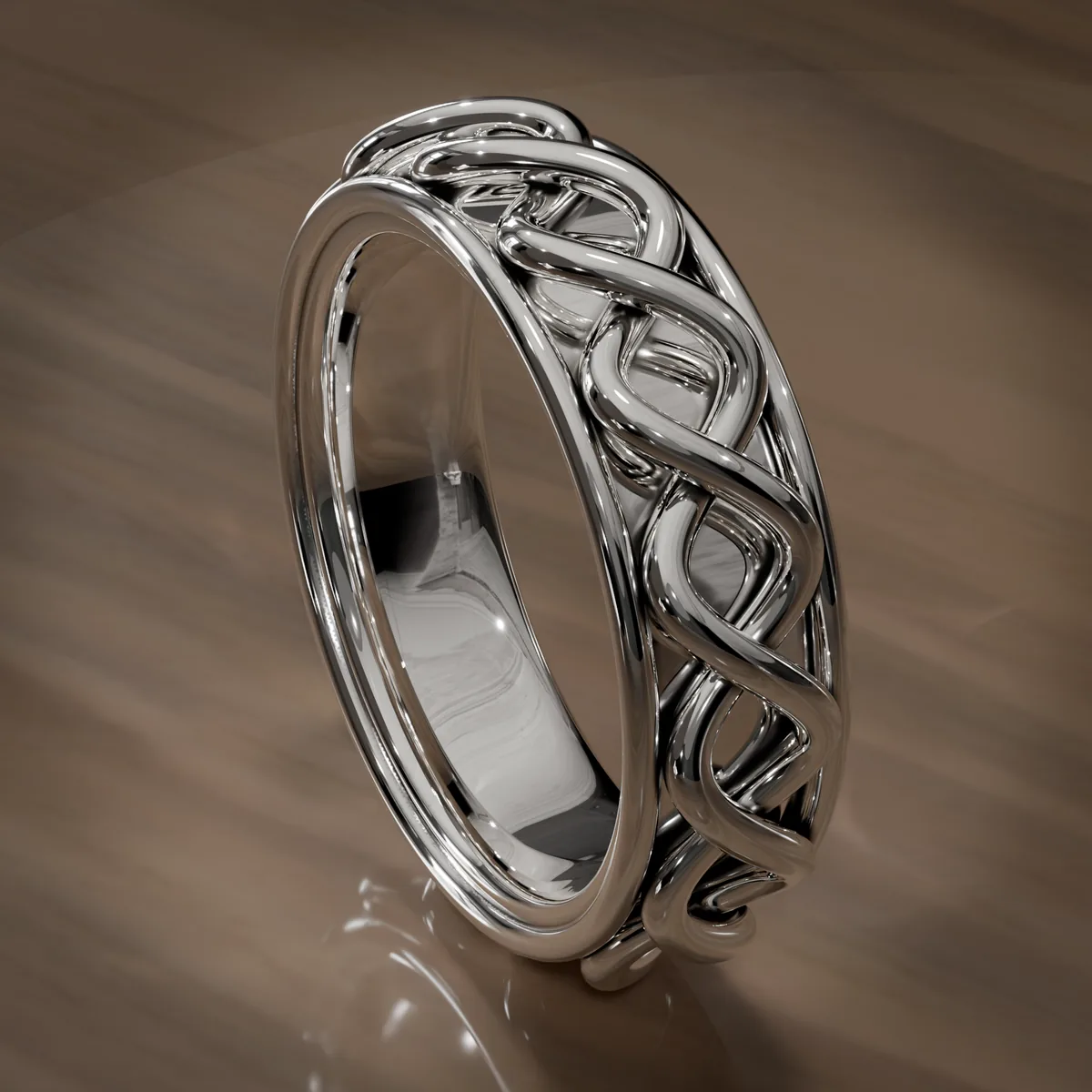 Render von Opus: silberner Ring mit verflochtenem keltischem Muster auf Holz