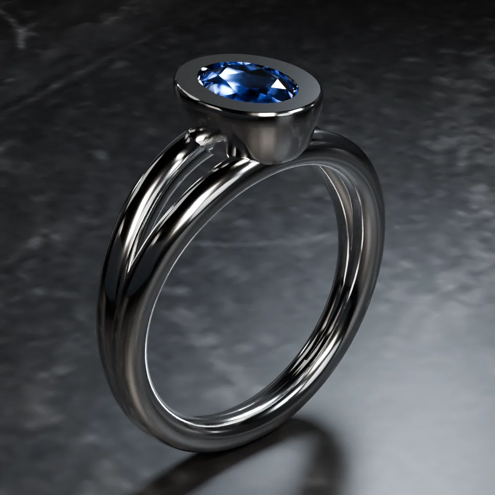 Render von Sol: schlichter Ring mit blauem Stein auf dunklem Untergrund