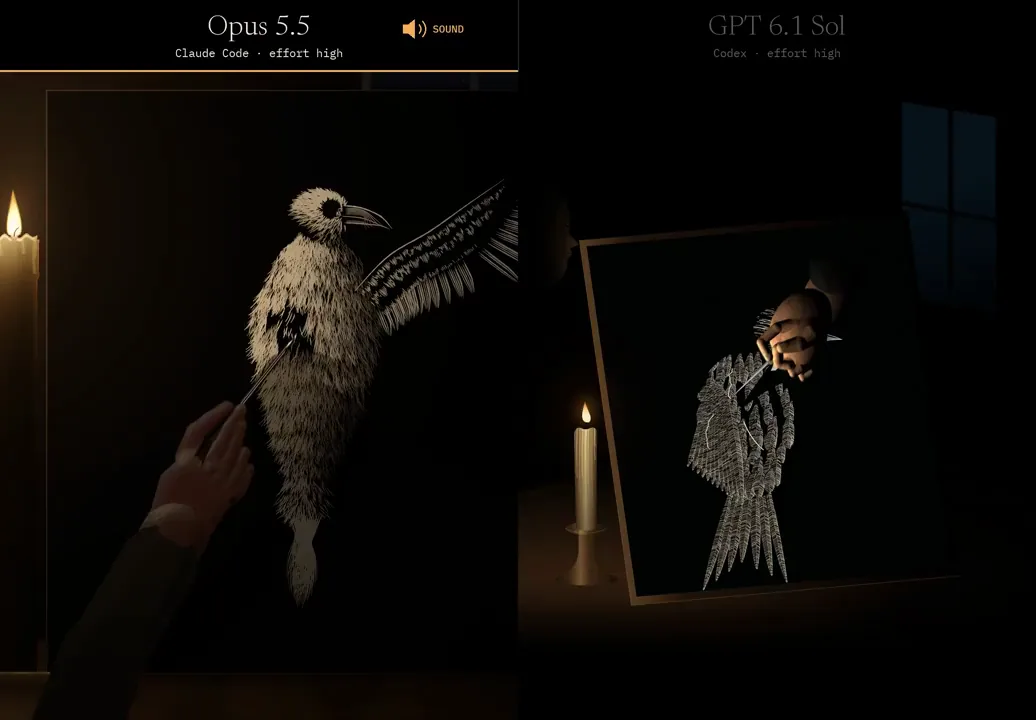 Gemeinsames Bild: links Opus mit einem detailreichen, kratzbildartigen Vogel und Hand, rechts Sol mit einem gröberen Drahtgitter-Vogel