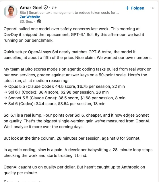 LinkedIn-Post von Amar Goel mit einem Vergleich auf echten Services: Claude Opus 5.5 44,5 von 50 Punkten für 6,75 Dollar in 22 Minuten, GPT-6.1 Sol 38,4 Punkte für 2,98 Dollar in 28 Minuten