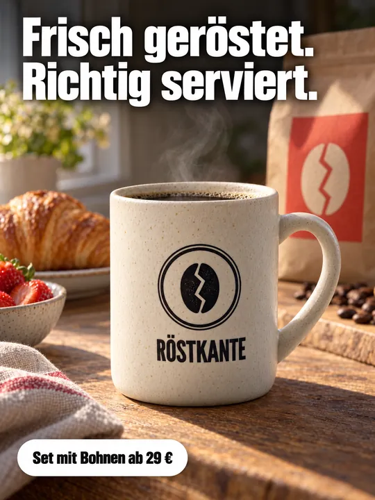 Frühstücks-Anzeige mit Becher, erzeugt mit GPT 2.5 Sunburst, im Hintergrund eine Kaffeetüte mit abgewandeltem rotem Logo