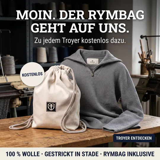 Ältere KI-Anzeige mit Nano Banana 2: grauer Troyer und RYMBAG in einer Strickwerkstatt, Überschrift Moin. Der Rymbag geht auf uns.
