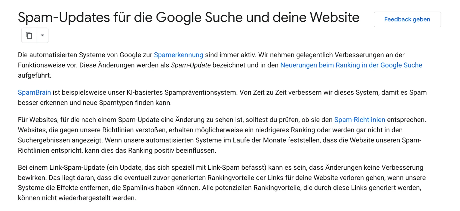 Google-Dokumentation Spam-Updates für die Google Suche und deine Website, mit dem Absatz, dass Websites mit Verstößen niedriger ranken oder gar nicht angezeigt werden