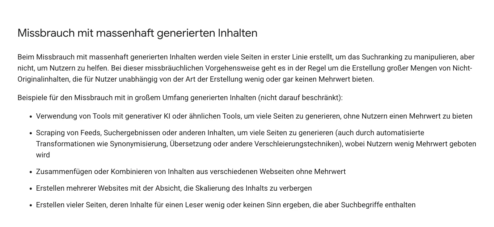 Google-Spamrichtlinie Missbrauch mit massenhaft generierten Inhalten, deutsche Fassung, mit Beispielen wie Verwendung von Tools mit generativer KI, um viele Seiten ohne Mehrwert zu generieren