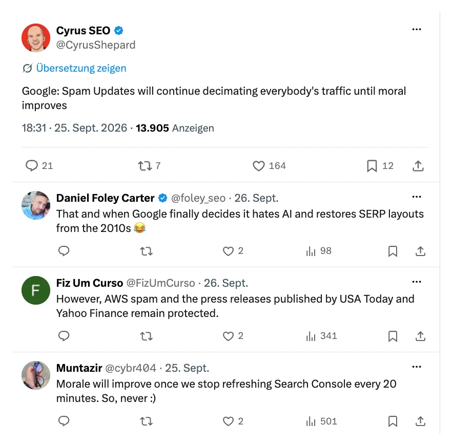 X-Post von Cyrus Shepard vom 25.09.2026: Google: Spam Updates will continue decimating everybody's traffic until moral improves, mit 164 Likes und Antworten, darunter: Morale will improve once we stop refreshing Search Console every 20 minutes. So, never