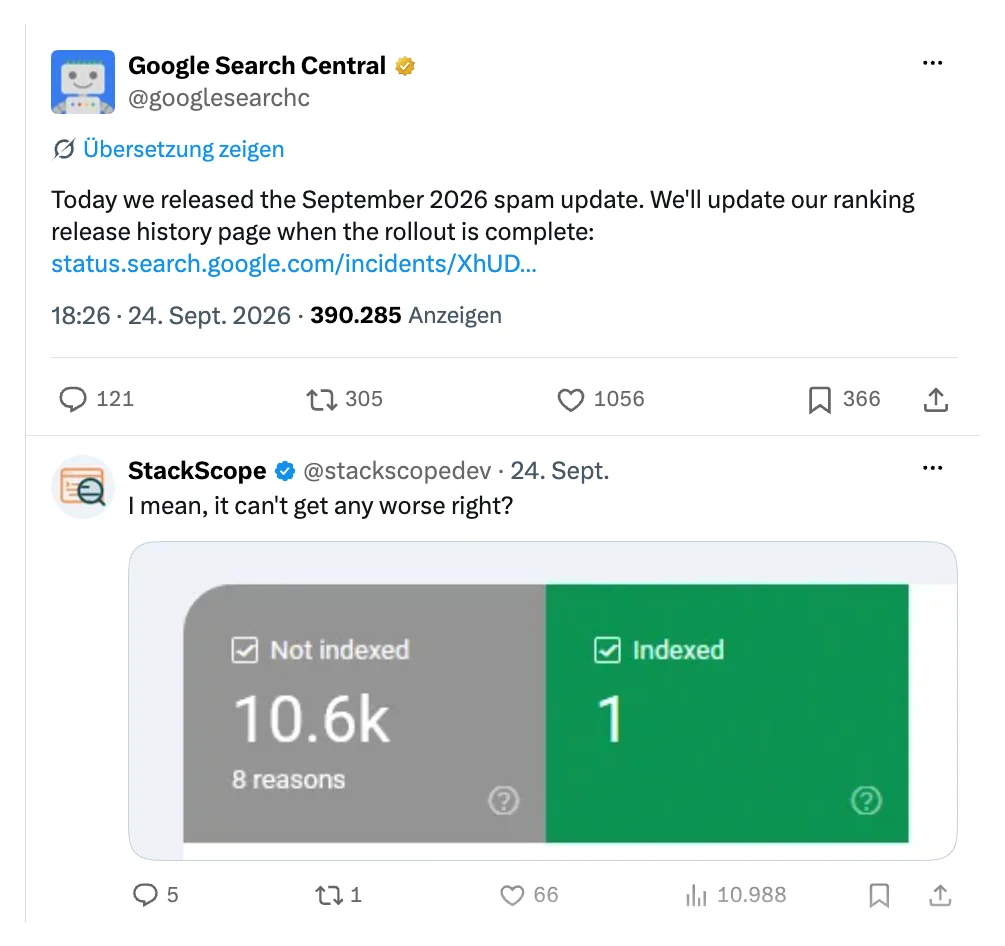 X-Post von Google Search Central vom 24.09.2026 mit 390.285 Aufrufen, darunter eine Antwort mit einem Search-Console-Screenshot: 10,6k nicht indexiert, 1 indexiert