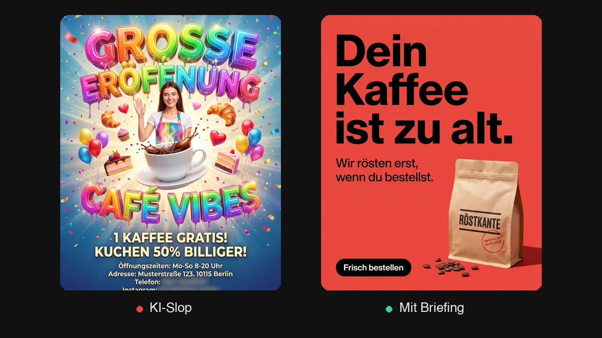 Links ein KI-Slop-Flyer mit Regenbogen-3D-Schrift, rechts eine klare Kaffee-Anzeige mit der Überschrift Dein Kaffee ist zu alt