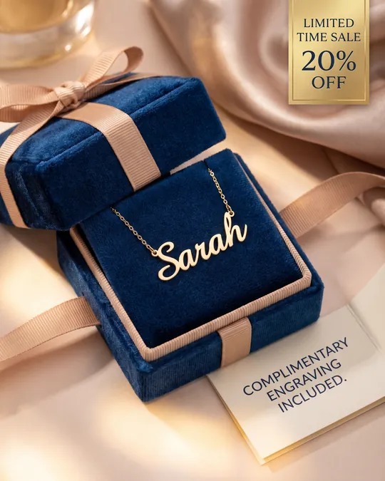 Namenskette Sarah in blauer Samtbox mit englischen Texten Limited Time Sale 20 % Off und Complimentary Engraving Included