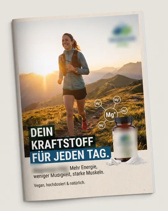 Ergebnis des vagen Prompts: ein gedrucktes Prospekt mit Läuferin in den Bergen und Magnesium-Dose, Markenname unkenntlich gemacht