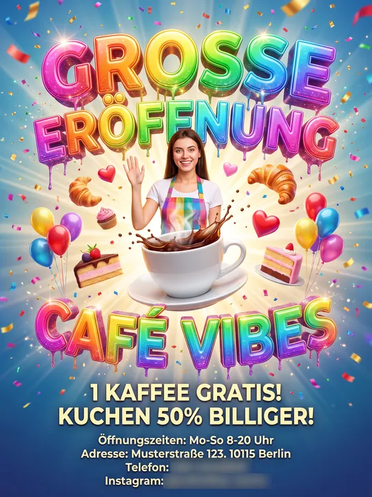 KI-Slop-Flyer für eine Café-Eröffnung: Regenbogen-3D-Schrift mit Tropfen, Luftballons, Konfetti, Kuchen, winkende Barista und Musterstraße als Adresse