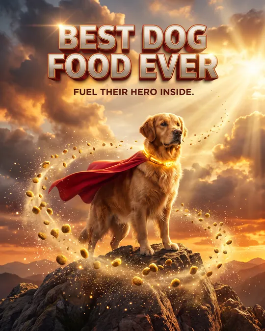 KI-Slop-Anzeige: Golden Retriever mit rotem Superheldenumhang auf einem Felsen, Goldstaub, Lichtstrahlen und Text Best Dog Food Ever