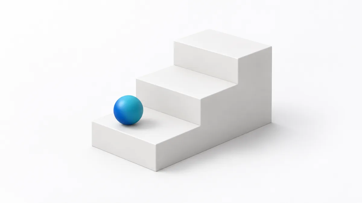 Illustration: eine dreistufige Treppe aus hellen Blöcken, auf der ersten Stufe liegt eine blaue Kugel