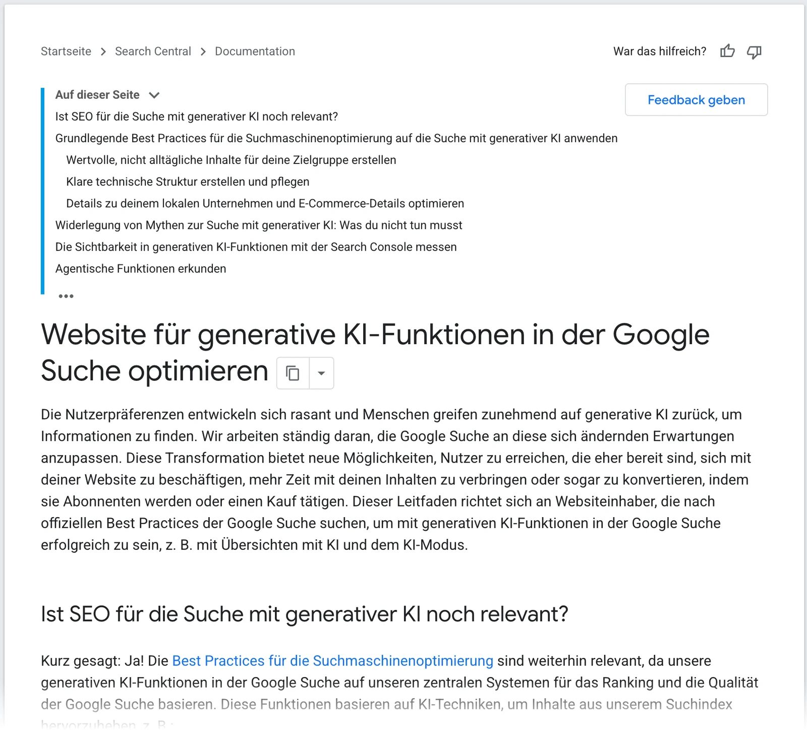 Screenshot der Google-Seite Leitfaden von Google zur Optimierung für generative KI-Funktionen in der Google Suche mit der Frage Ist SEO für die Suche mit generativer KI noch relevant und der Antwort Kurz gesagt Ja