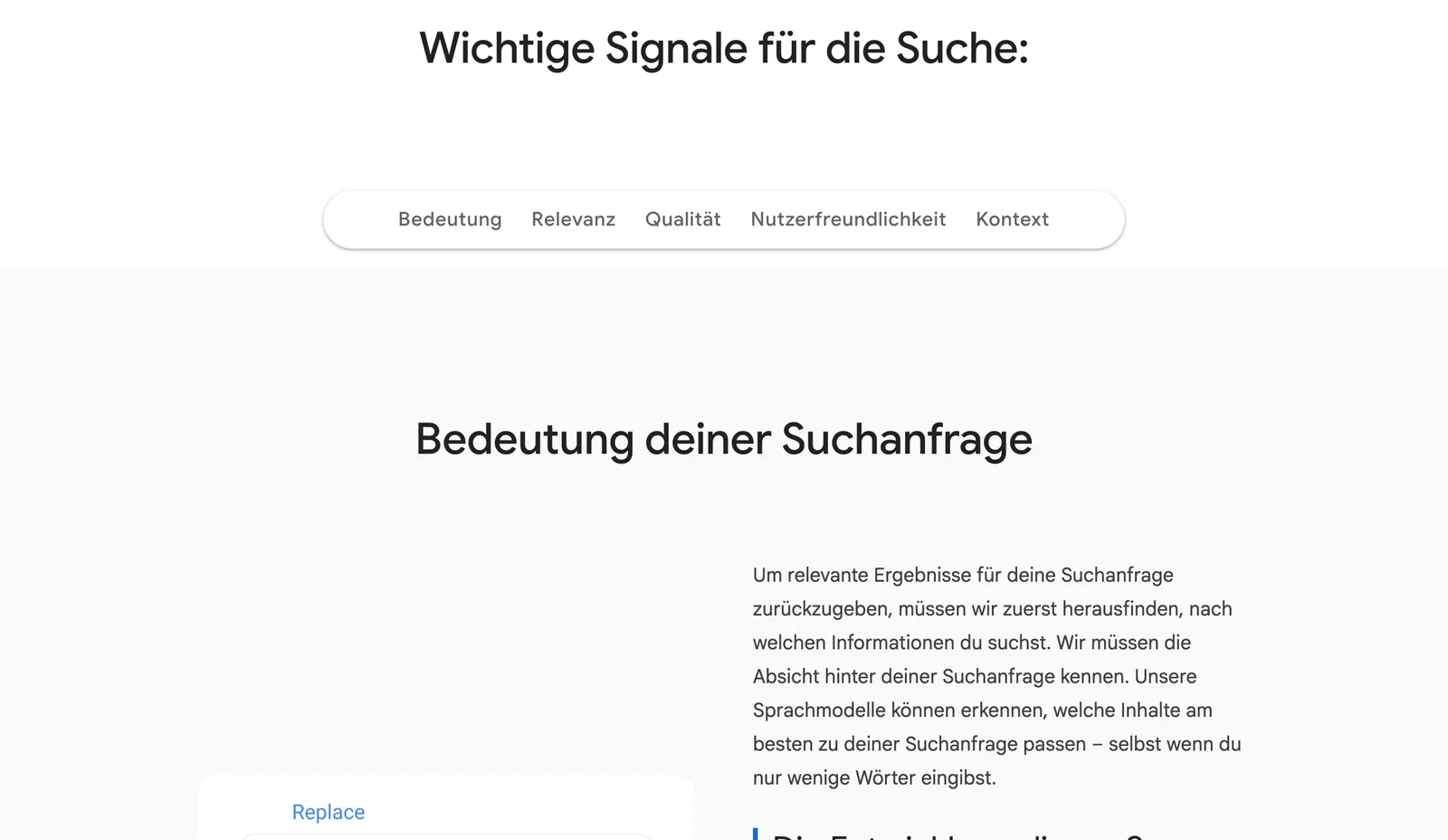Screenshot der Google-Seite So ermittelt Google das Ranking von Suchergebnissen mit der Navigation Bedeutung, Relevanz, Qualität, Nutzerfreundlichkeit und Kontext und dem Abschnitt Bedeutung deiner Suchanfrage