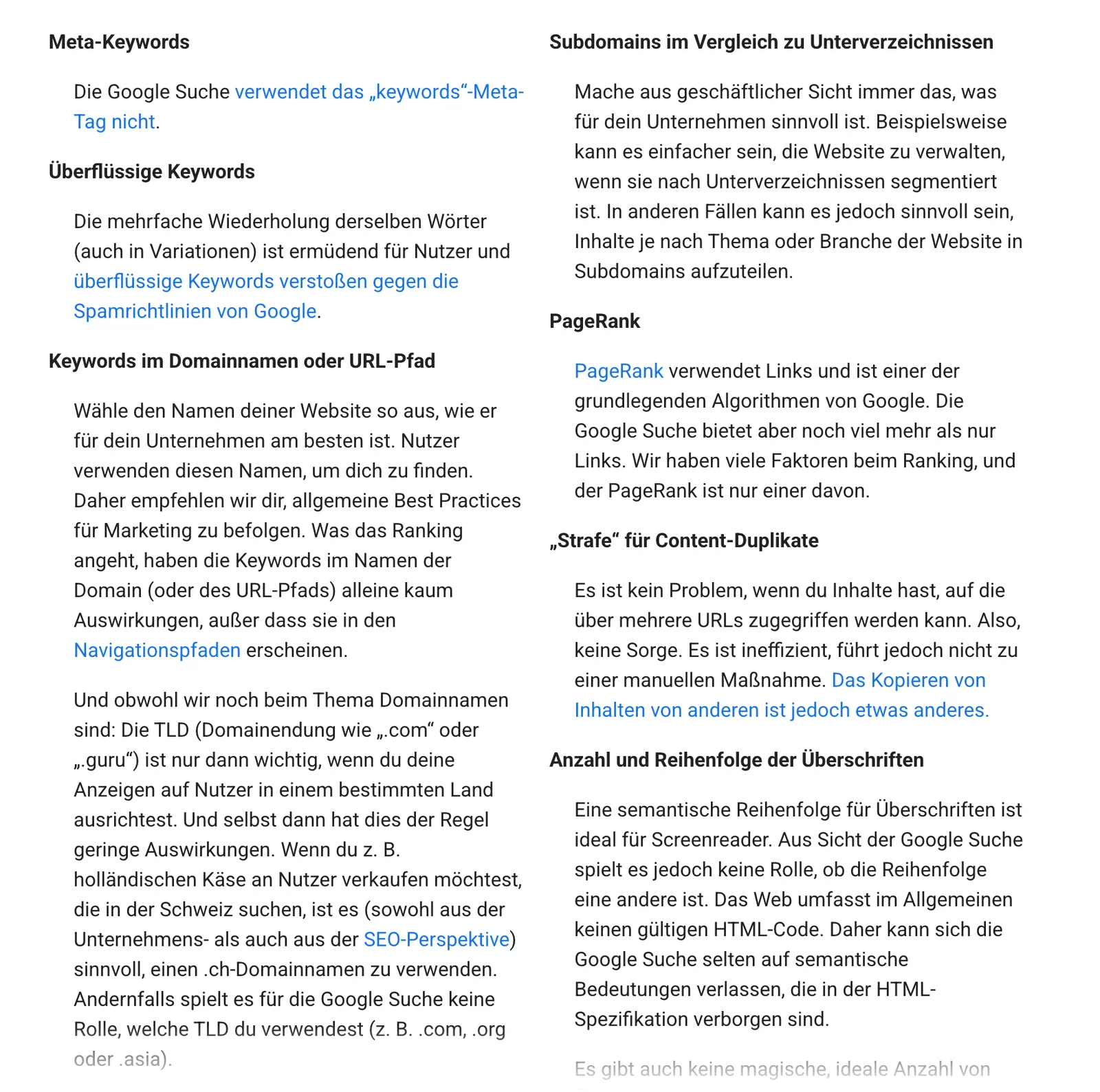Screenshot des Abschnitts Worauf du dich nicht konzentrieren solltest im Google-Startleitfaden mit Meta-Keywords, überflüssigen Keywords, Subdomains, PageRank, Strafe für Content-Duplikate, Überschriften und Domainnamen