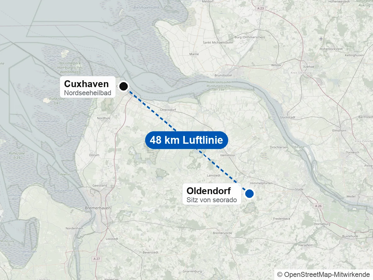 Karte zwischen Oldendorf bei Stade und Cuxhaven an der Elbmündung, 48 km Luftlinie