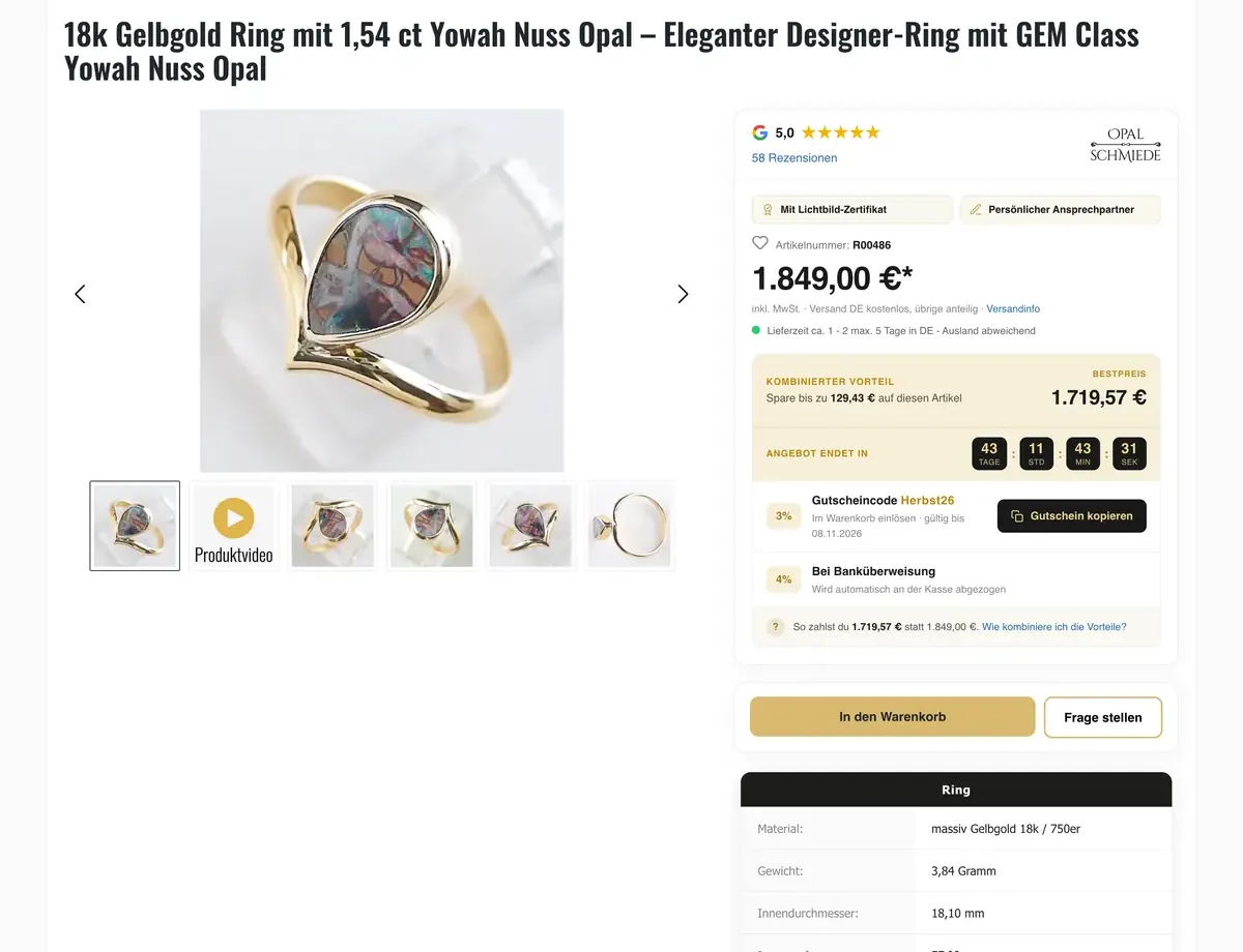 Produktseite bei Opal-Schmiede: Ring mit Yowah-Nuss-Opal, Preis, Lieferzeit, Artikelnummer und eine Tabelle mit Material, Gewicht, Innendurchmesser und Maßen des Ringkopfs
