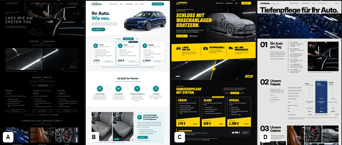 Vier Designs der Website-Demo eines erfundenen Aufbereitungsstudios nebeneinander: Luxus schwarz, hell und freundlich, Motorsport in Gelb, Magazin