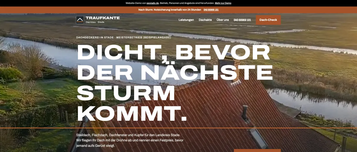 Startseite der Dachdecker-Demo mit Drohnenvideo