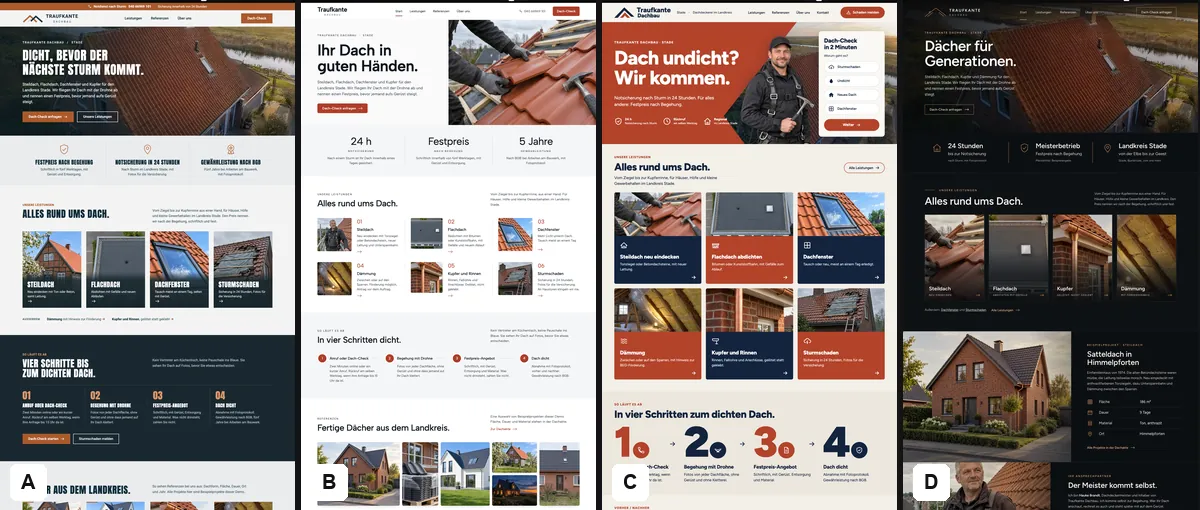 Vier Designs der Website-Demo einer erfundenen Dachdeckerei in Stade nebeneinander