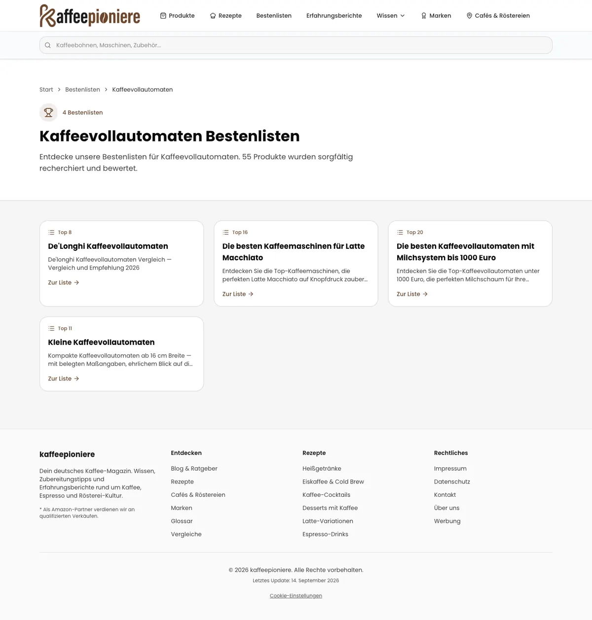 Bestenlisten-Übersicht Kaffeevollautomaten auf kaffeepioniere.de
