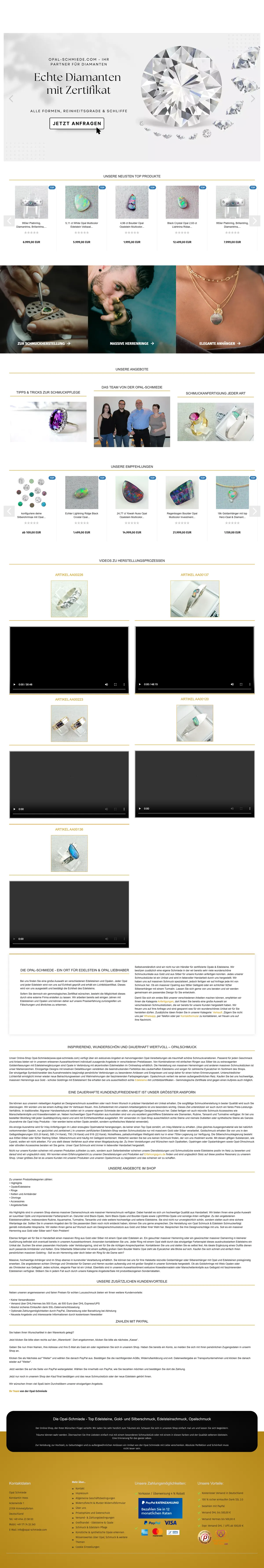 Startseite opal-schmiede.com auf Gambio mit neuem Theme, August 2022, goldene Kopfleiste und Diamanten-Slider