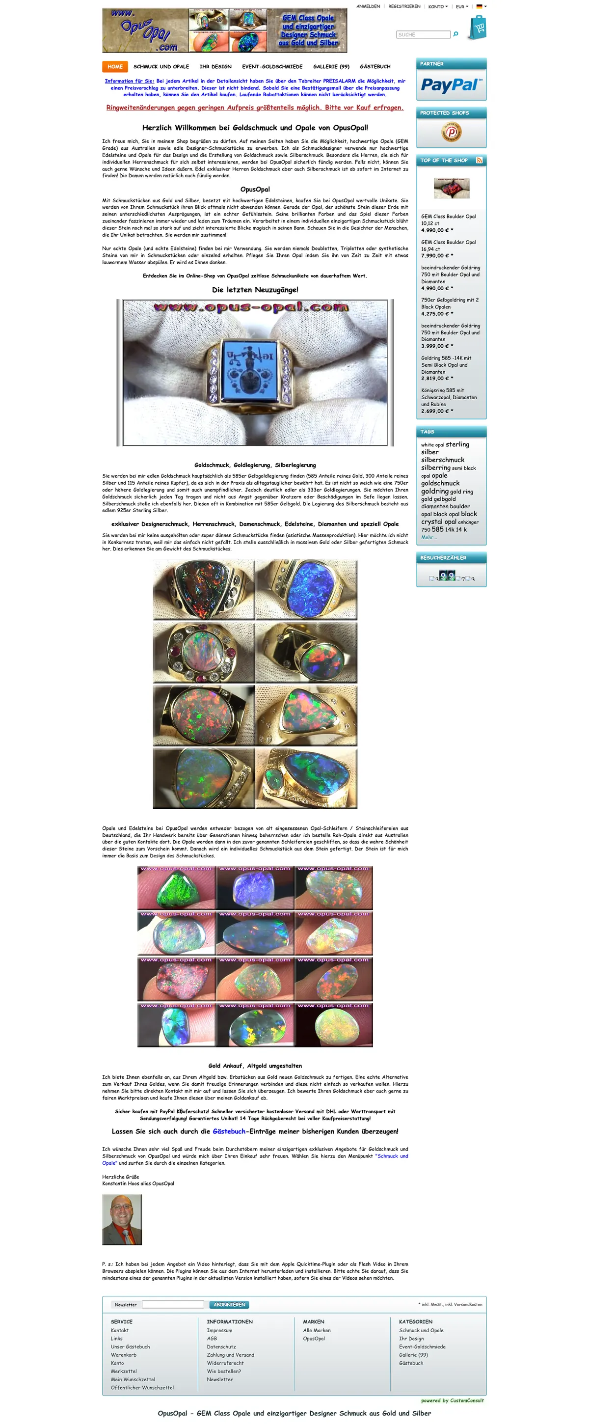 Startseite von opus-opal.com auf OXID, Juni 2015, mit Designer-Schmuck und GEM Class Opalen