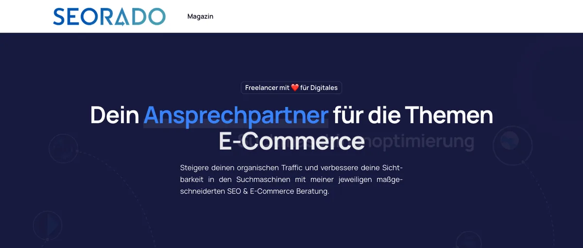Alte Startseite von seorado.de: dunkler Kopfbereich mit der Überschrift Dein Ansprechpartner für die Themen E-Commerce